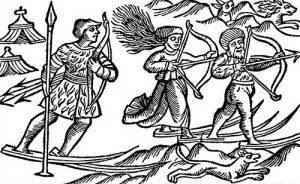 Saami (long-range?) hunters depicted in Olaus Magnus: Historia gentibus septentrionalibus (1555)